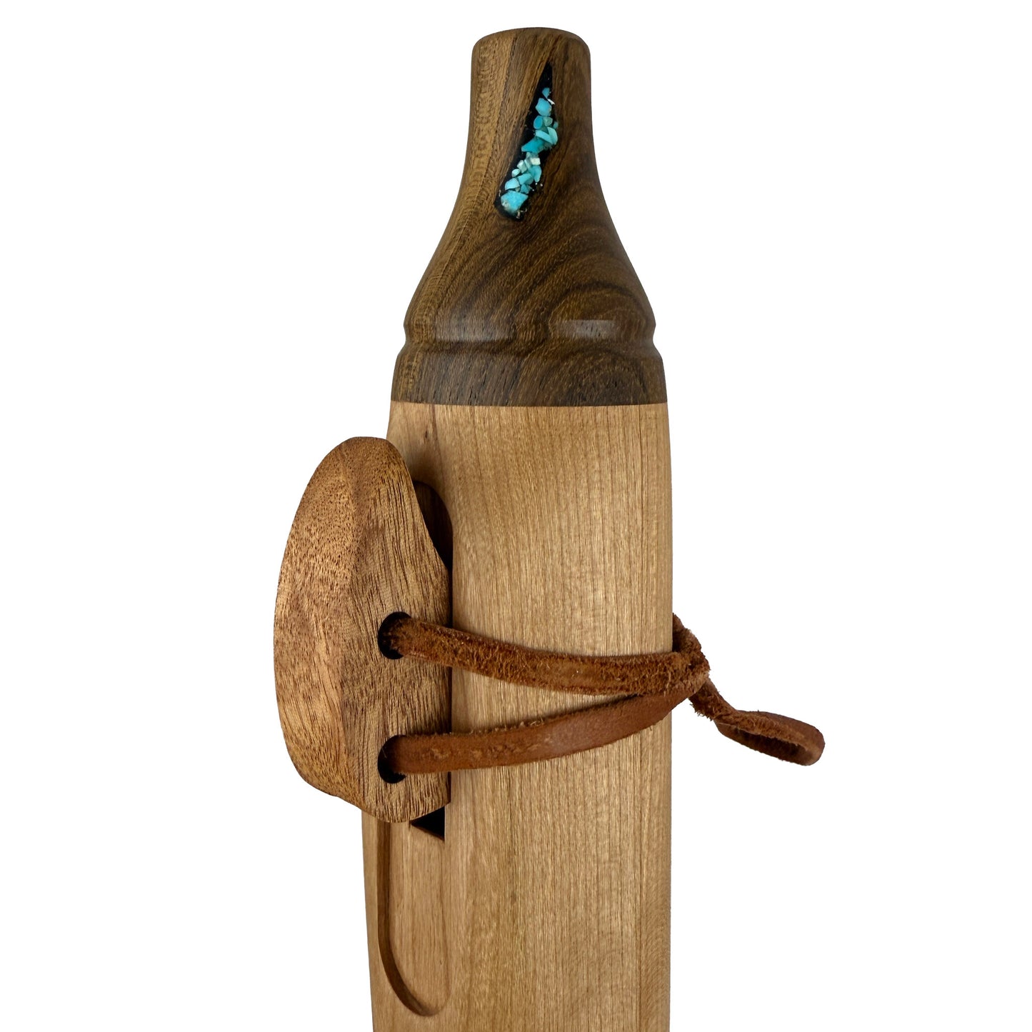 Native American Flute in Low A Minor, by Nash Tavewa, Cherry with Walnut Mouthpiece - Turquoise Inlay