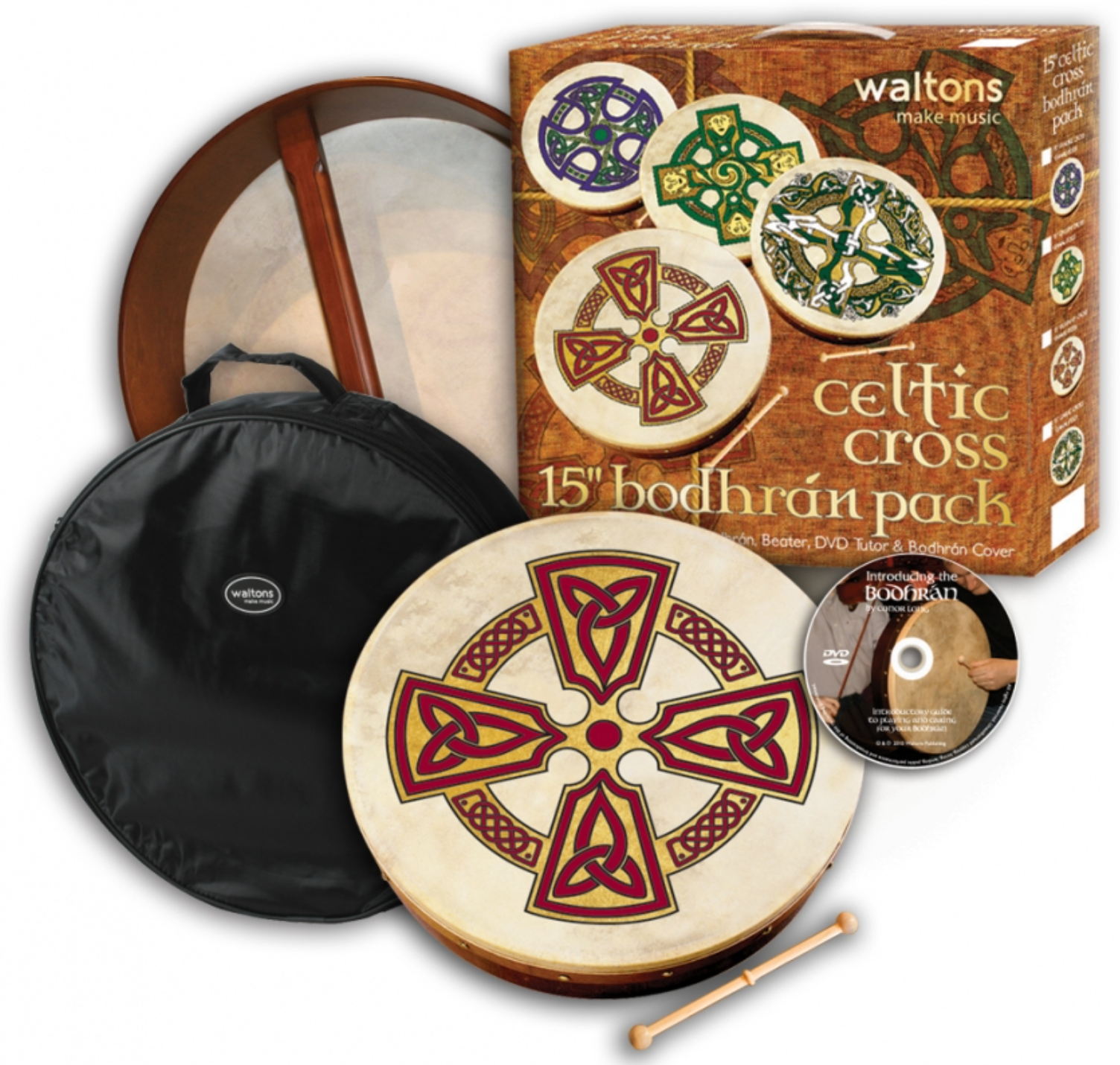 Kilkenny Cross Bodhran 15 inch. Bodhran Gift Pack Bodhrans Waltons