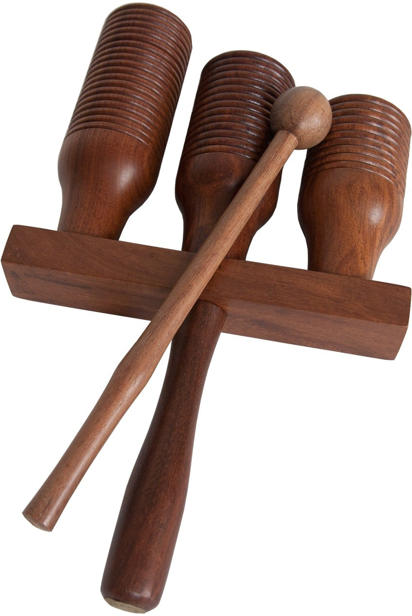 3-Bell Wooden Agogo with Mallet Rasps & Scrapers DOBANI