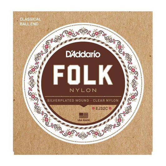 D'Addario Acoustic Guitar Folk Clear Nylon/Silver Ball Strings EJ32C Accessories_Strings D'Addario