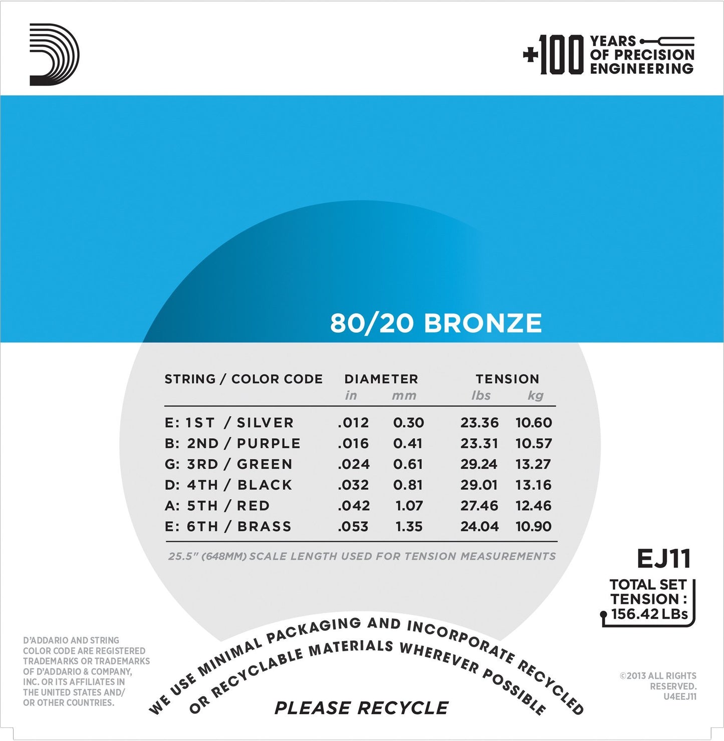 D'Addario EJ11 80/20 Bronze Acoustic Guitar Strings, Light, 12-53 Accessories_Strings D'Addario