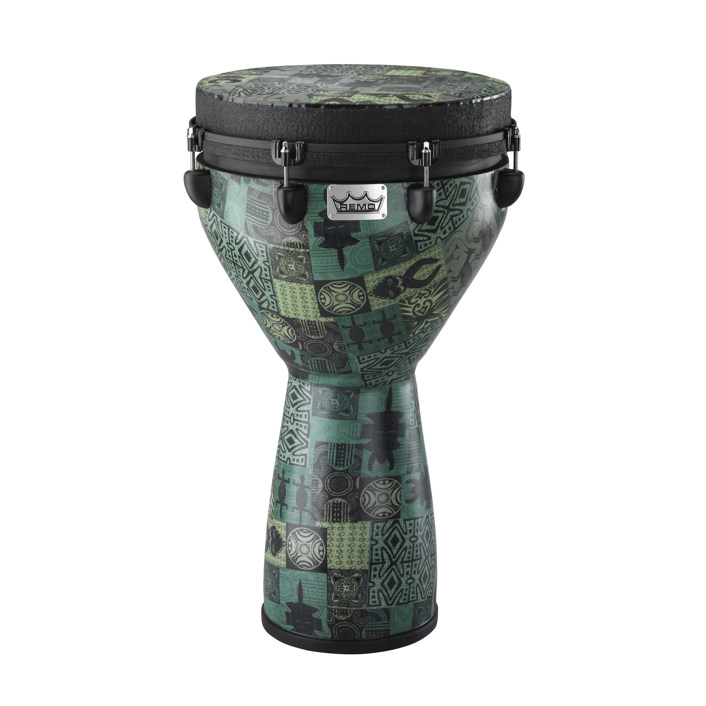 Remo Djembe, Mondo, Designer Series, Key-Tuned, 14" X 25", Skyndeep, Contour Tuning Brackets, Green Kinte Finish Djembes & Ashikos Remo