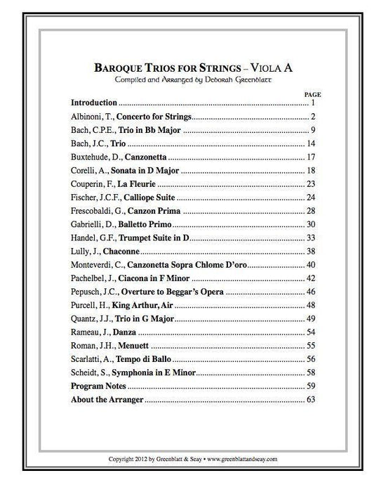 Baroque Trios for Strings - Viola A Media Greenblatt & Seay
