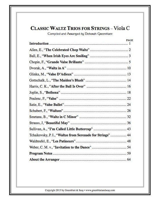 Classic Waltz Trios for Strings - Viola C Media Greenblatt & Seay