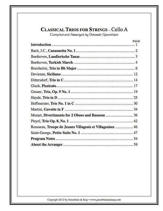 Classical Trios for Strings Cello A Media Greenblatt & Seay