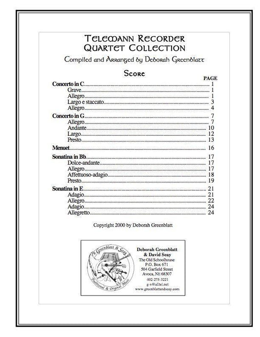 Telemann Recorder Quartet Collection - Score Media Greenblatt & Seay