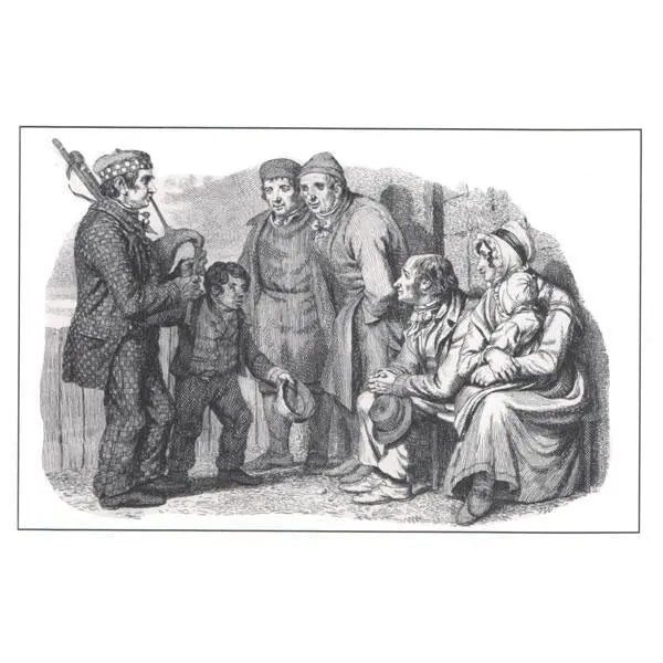 Etching-Piper with small child & crowd Musical Postcards Lark in the Morning