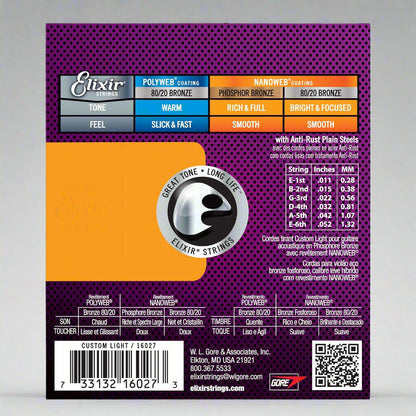 Elixir guitar string set packaging with product details on a textured surface