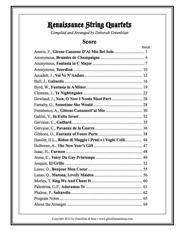 Renaissance String Quartets - Score Media Greenblatt & Seay   