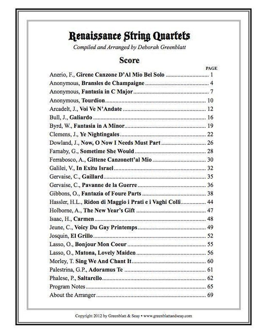 Renaissance String Quartets - Score Media Greenblatt & Seay   